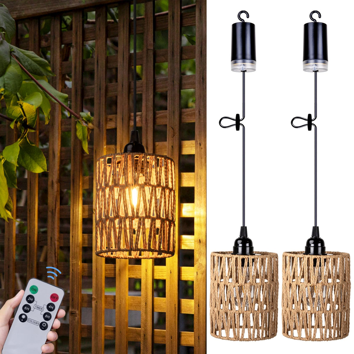 Battery-Operated Rattan Pendant Light Chandelier with Warm White Bulb, 4 AA Battery Powered Hanging Light for Gazebo, Pergola, Porch, Patio, Indoor and Outdoor Decor