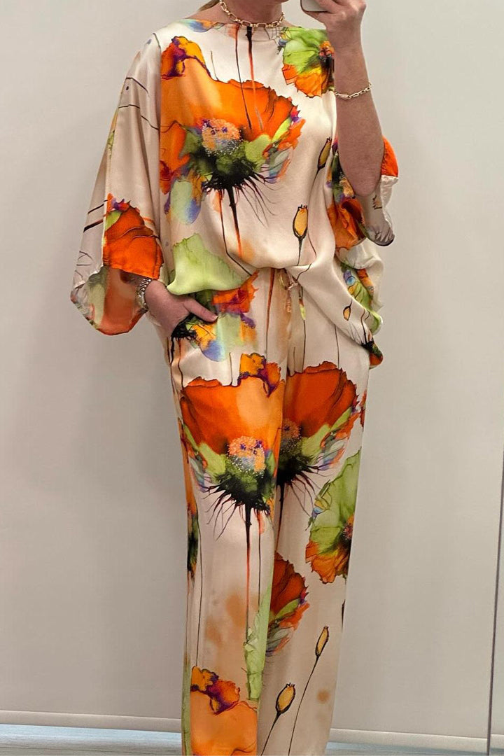 Casual Printed Satin Round Neck Suit