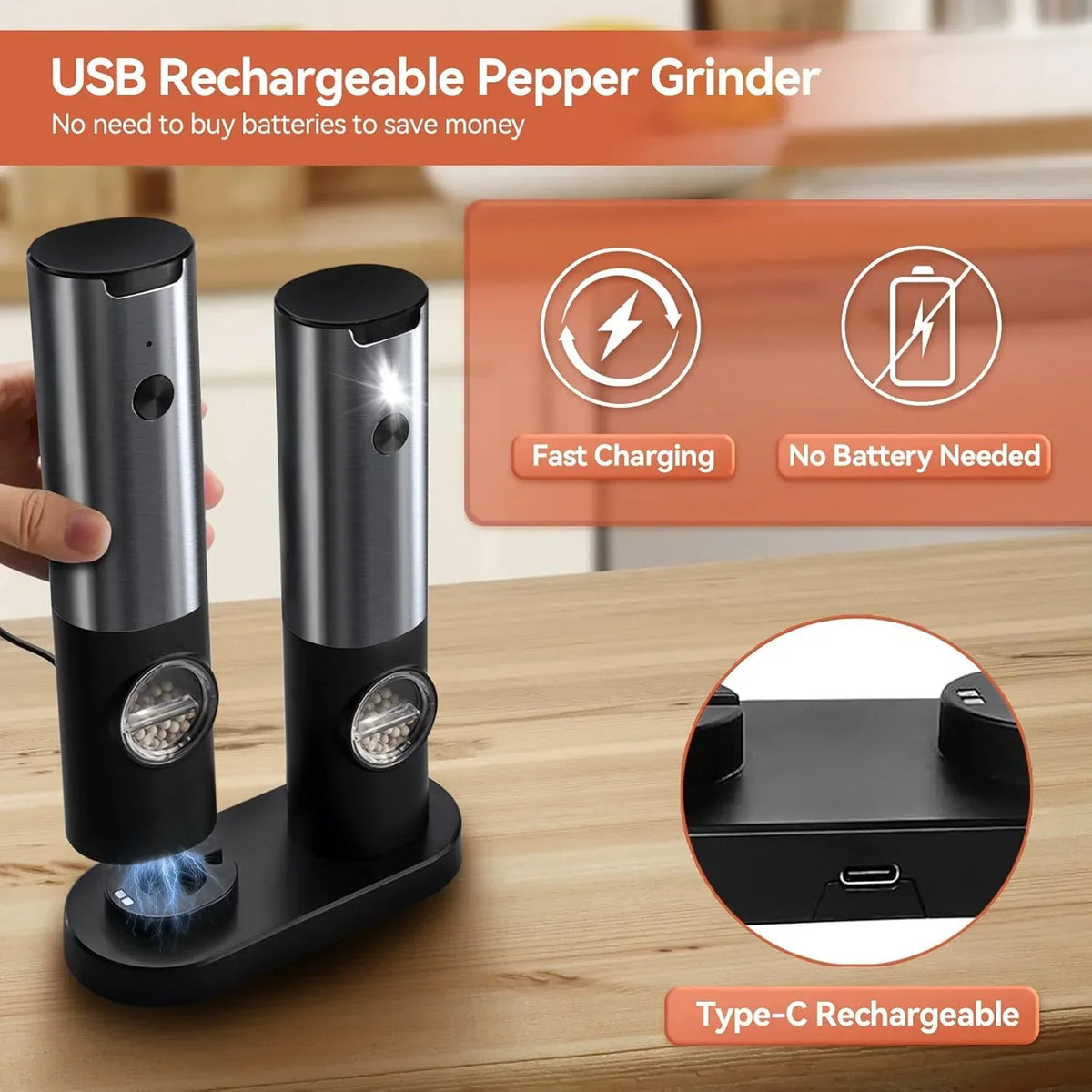 Electric Salt and Pepper Mill | Stainless Steel | USB Rechargeable Battery