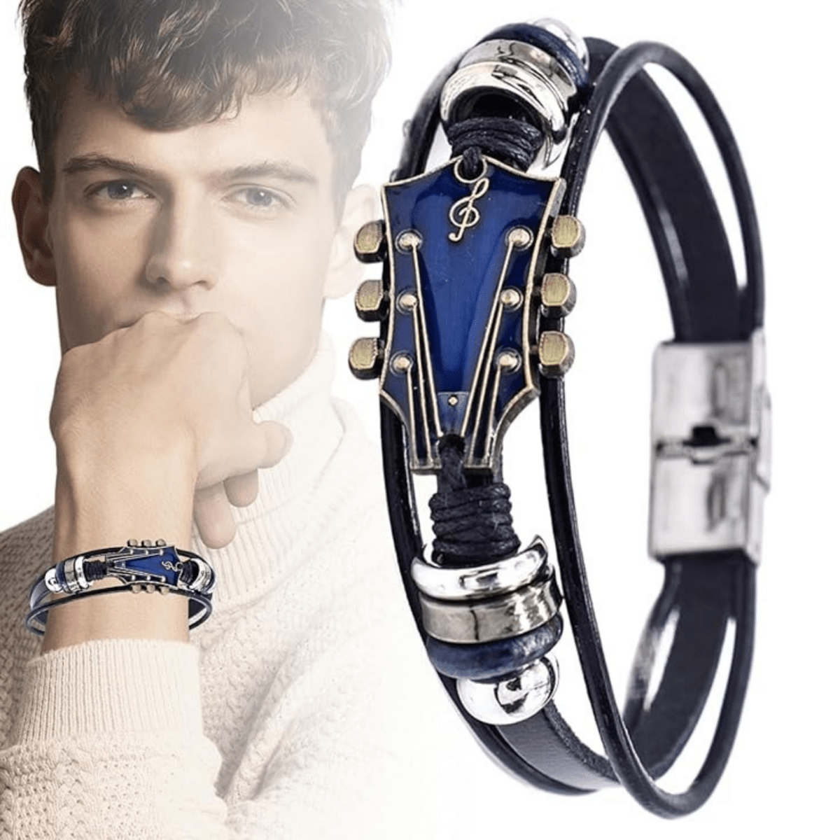 Leather Bracelet with Guitar-Inspired Design