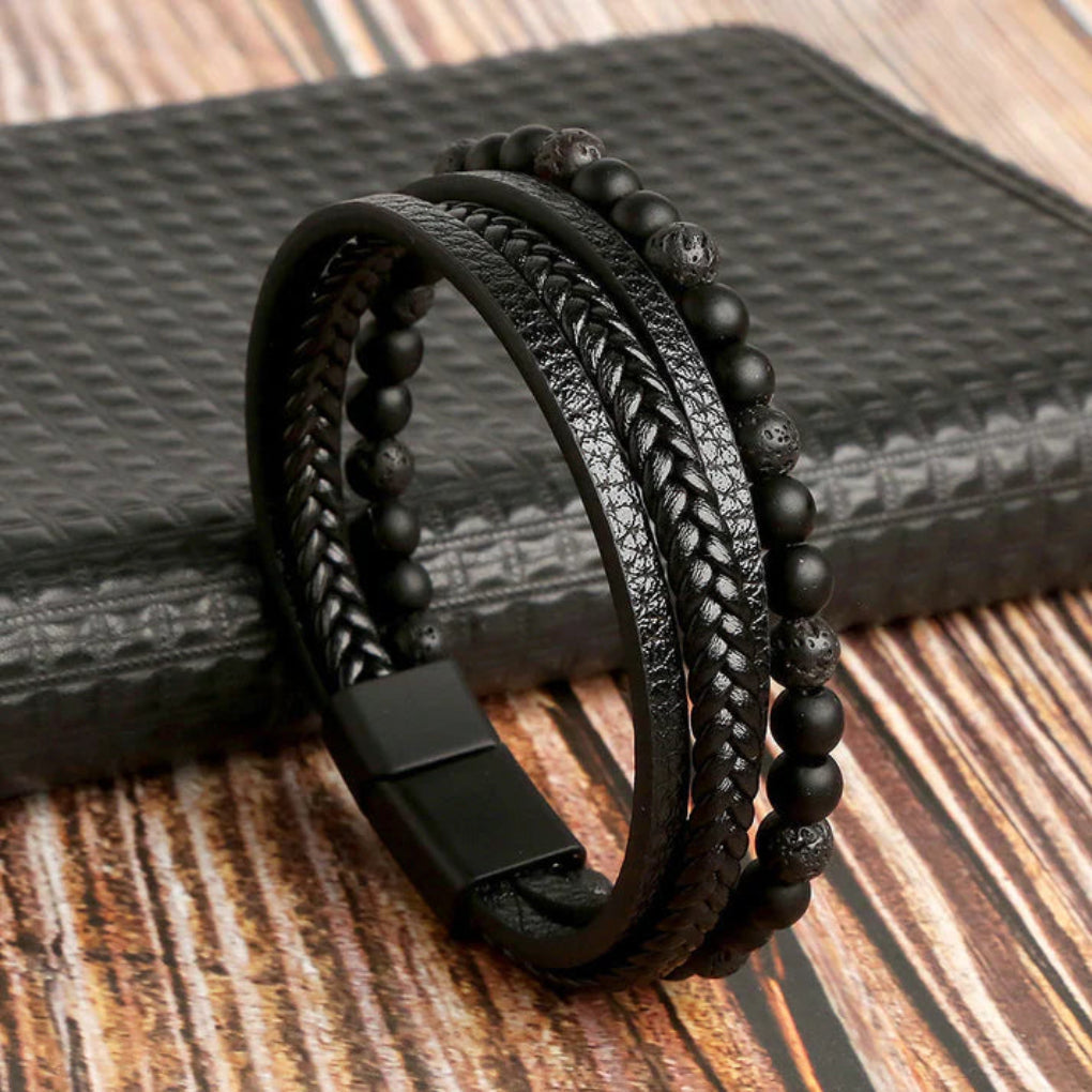 Men's Layered Beaded Leather Bracelet