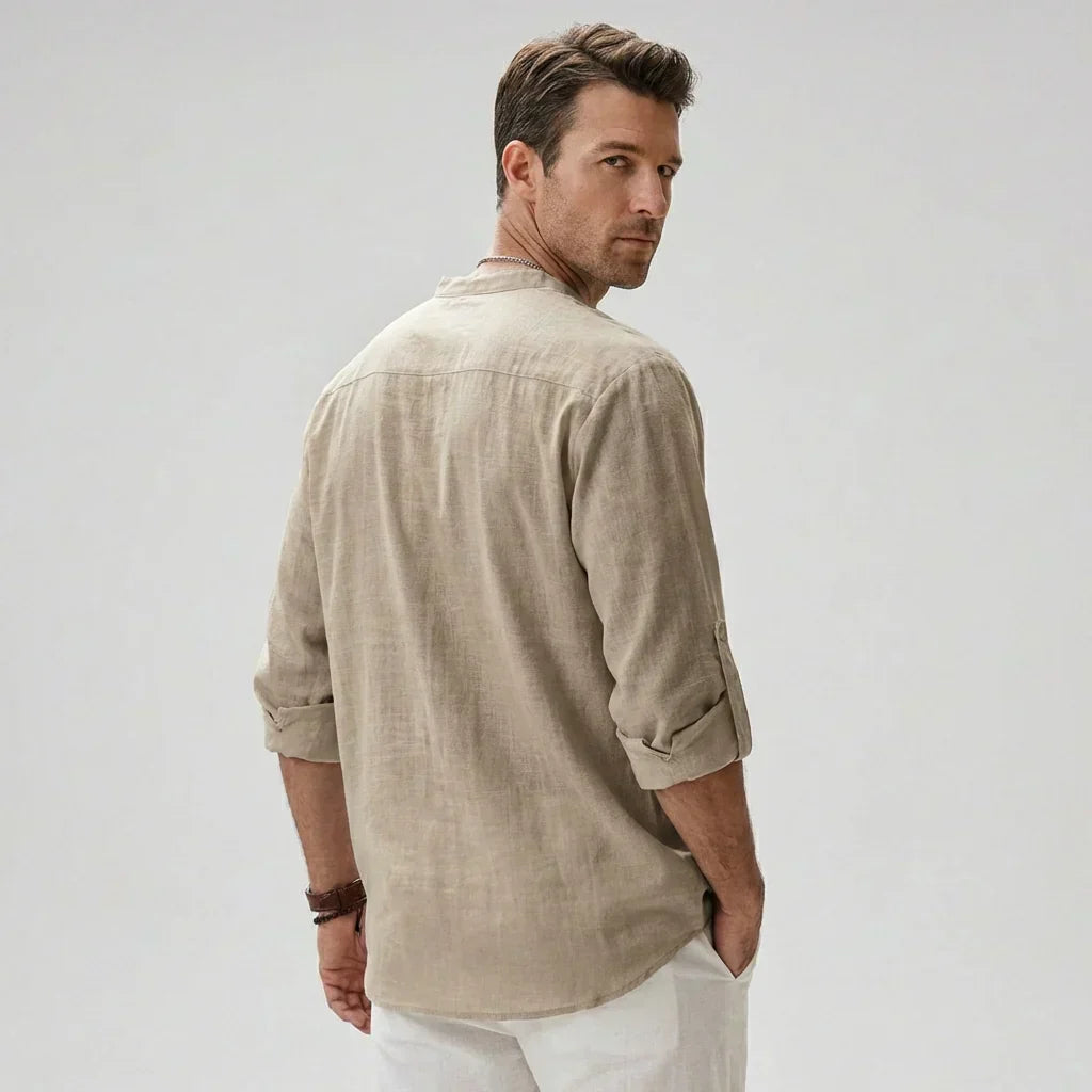 Men's Linen Blend Band Collar Henley Shirt