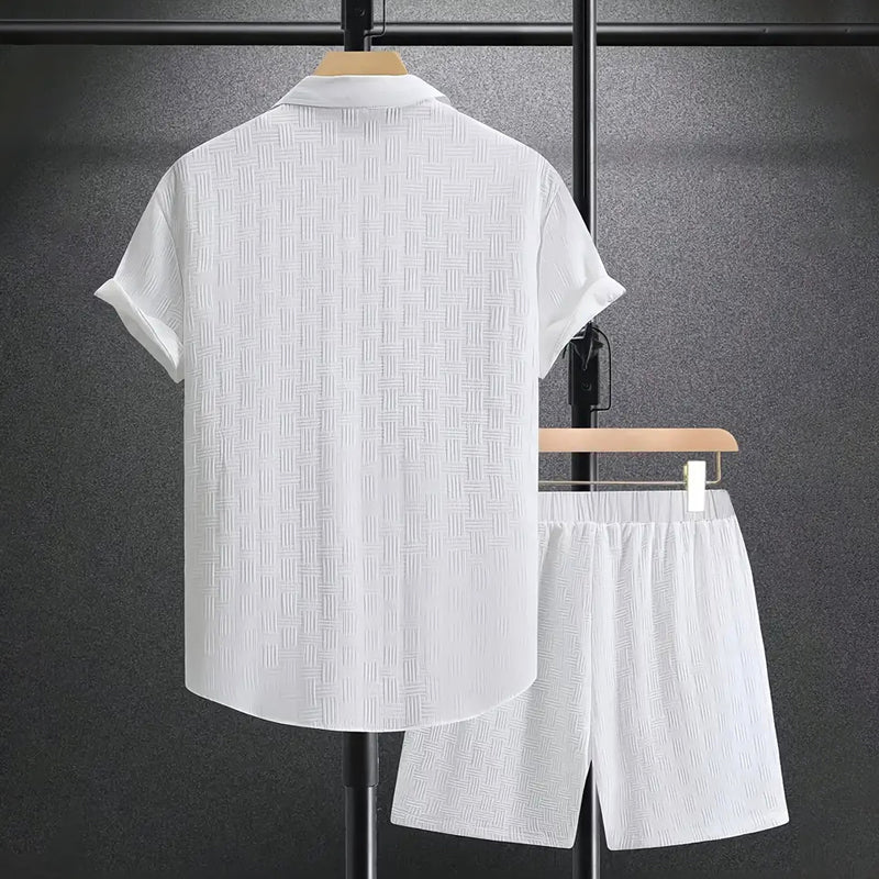 Men's Short-Sleeve Button-Through Shirt and Shorts Set with Collar