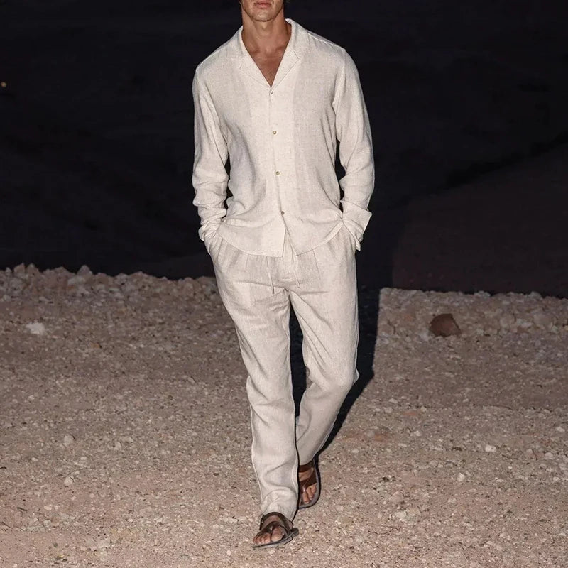 Men's Two-Piece Set with Long-Sleeve Shirt Collar V-Neck Top and Straight-Leg Trousers
