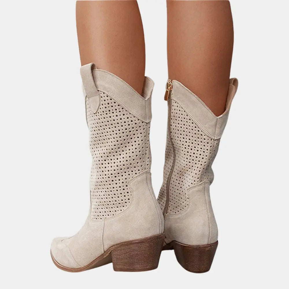 Orthopedic Perforated Western-Style Block Heel Cowboy Boots