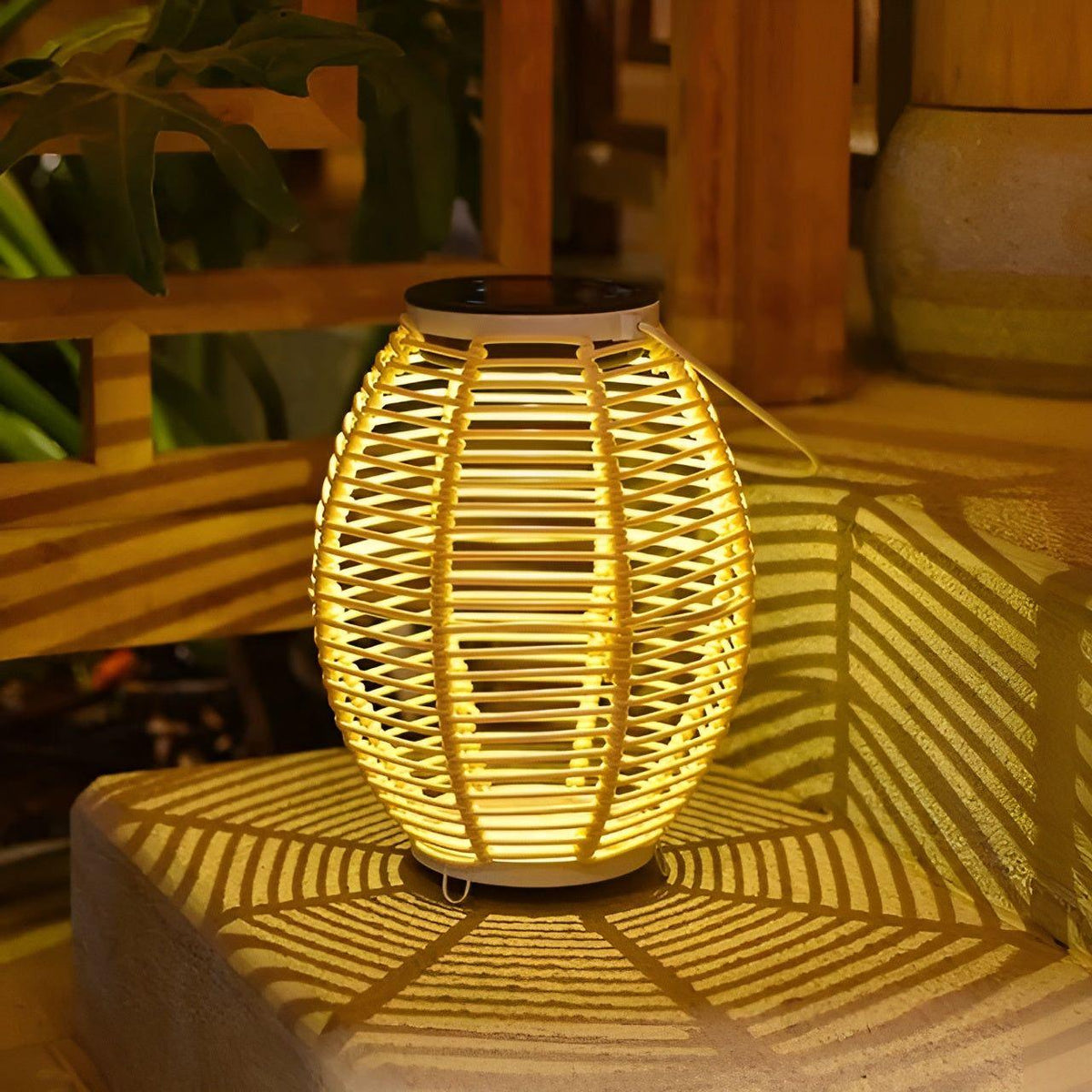Outdoor Rattan Solar Garden Lantern with Automatic Lighting