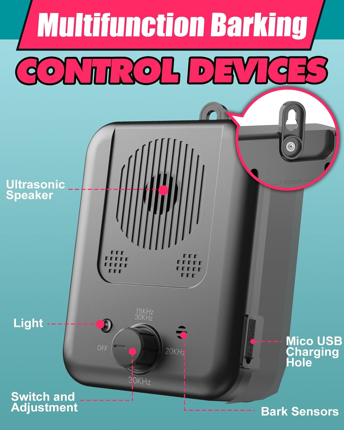 Rechargeable Ultrasonic Anti-Barking Dog Deterrent Device with 15-Meter Range