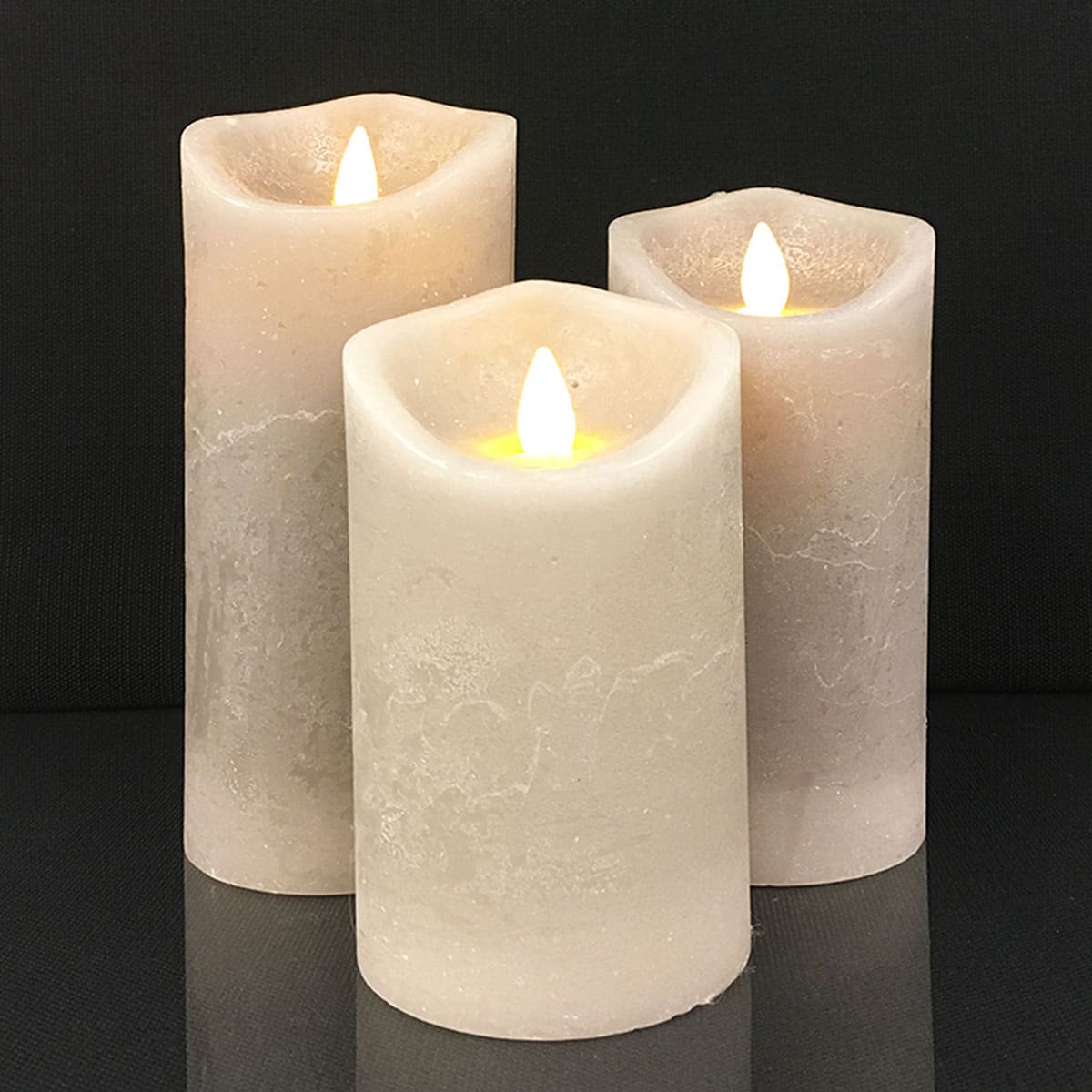 Rustic LED Pillar Candles - 3 Pack - 10/12.5/15 cm - with 3D Flame - Multiple Colors