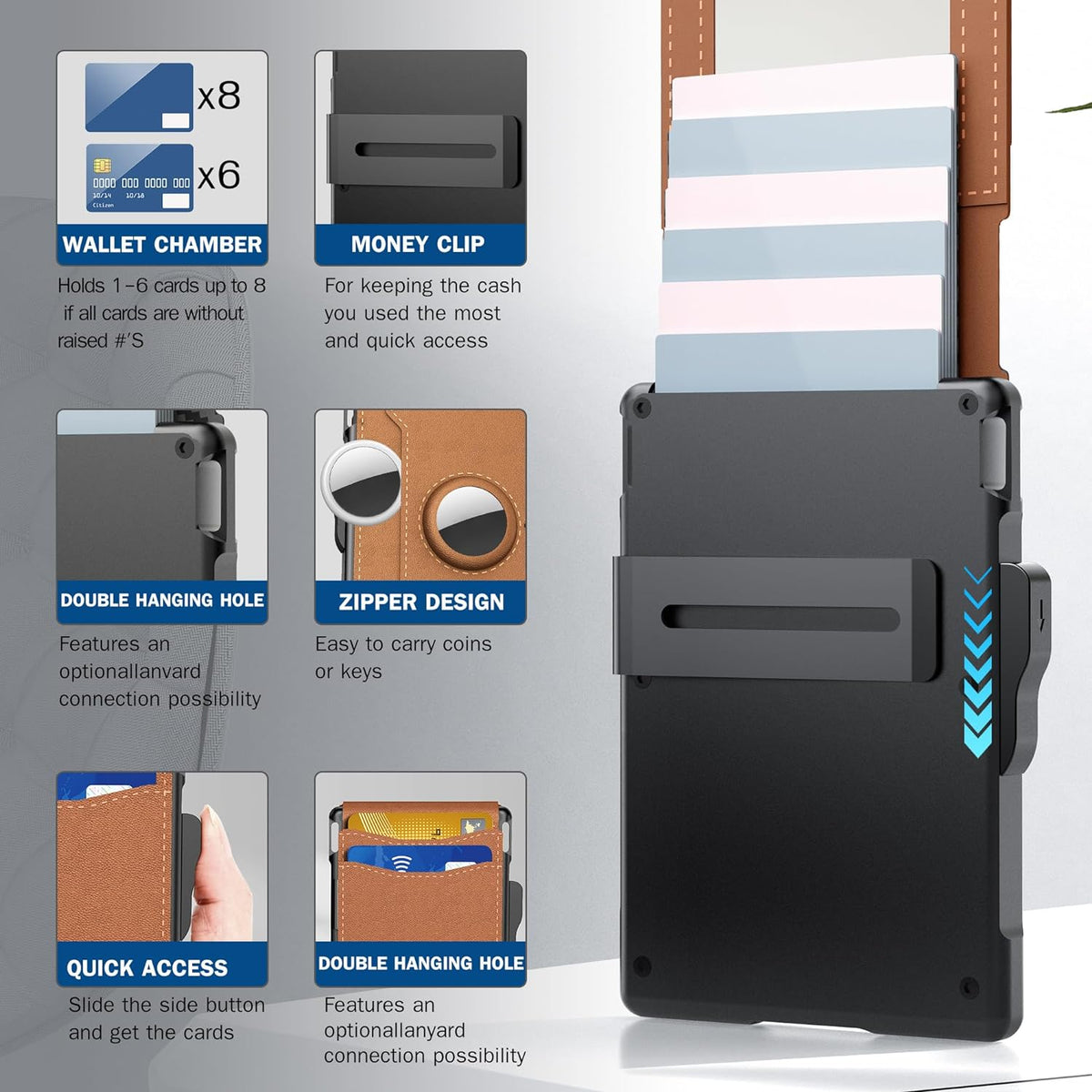 Slim Minimalist Bifold Leather Wallet with Pop-Up Aluminium Card Case, Money Clip, Credit Card Slots & RFID Blocking