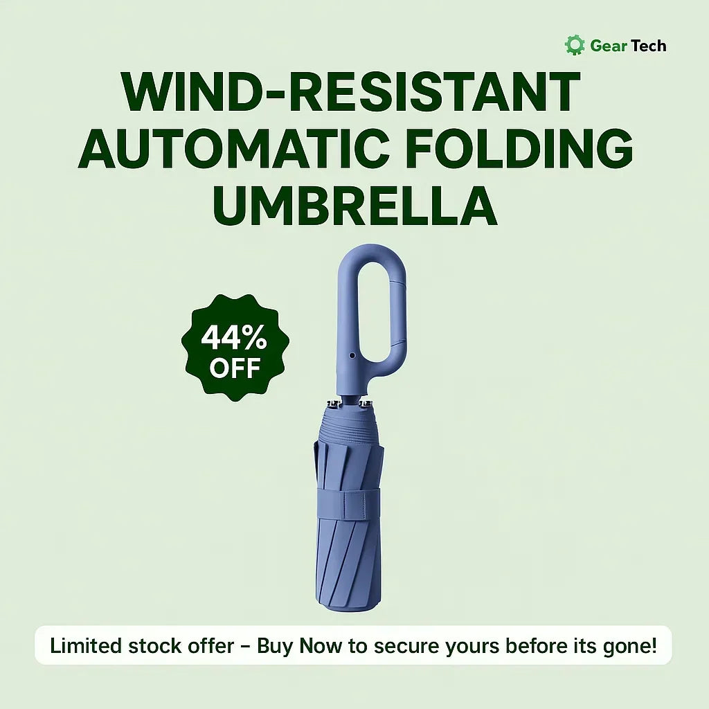 Wind-Resistant Automatic Folding Umbrella with Large Carabiner Handle – Compact and Durable