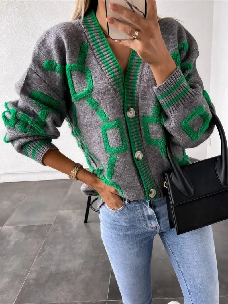 Women's Button-Front V-Neck Long Sleeve Cardigan