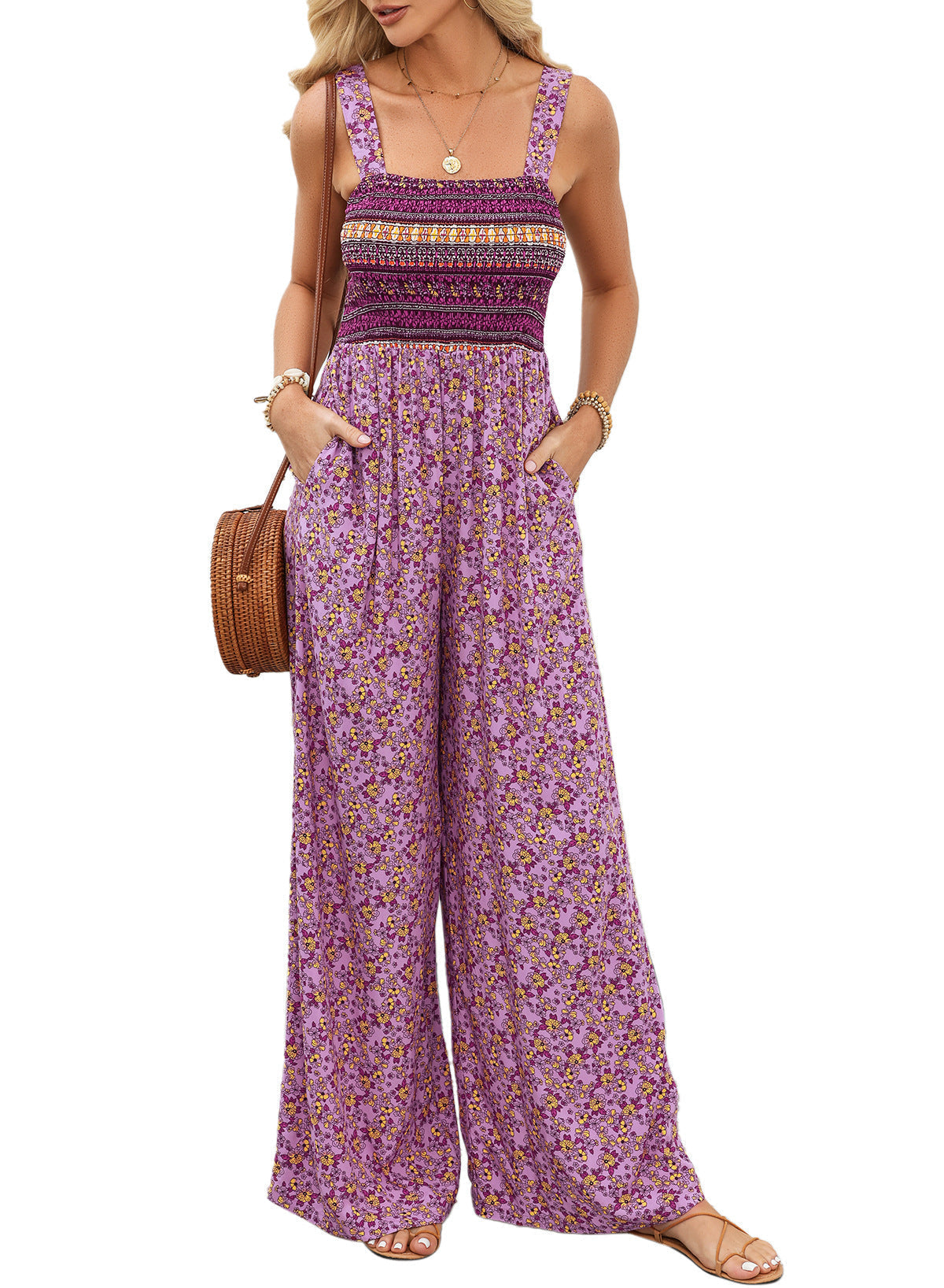 Women's Smocked Floral Wide-Leg Jumpsuit