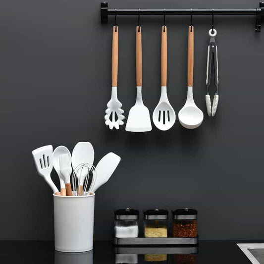 11-Piece Wood and Silicone Kitchen Utensil Set with Holder (Black or White)
