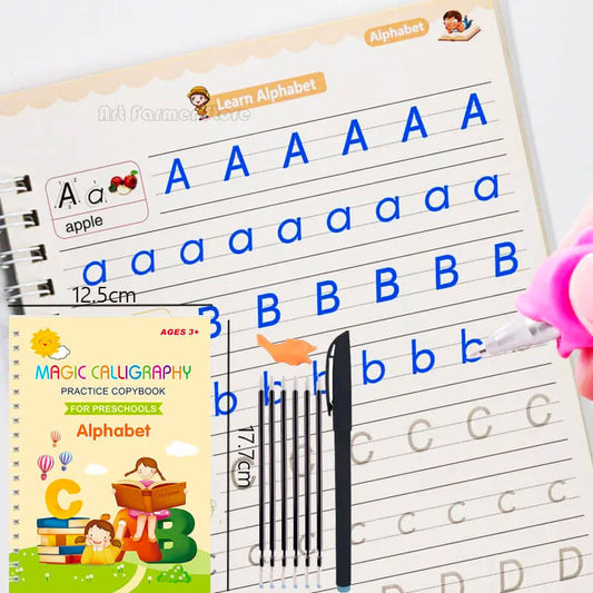 4-Pack Children's Practice Books - Handwriting Practice with 3D Calligraphy, Reusable Stickers, and Math Training