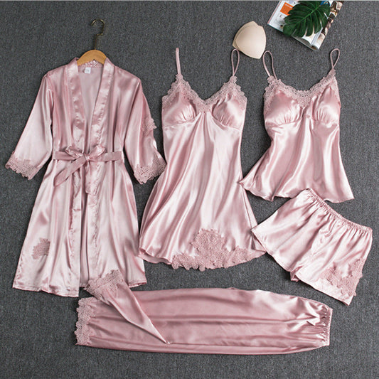 5-Piece Satin Nightwear Set - Women's Pajama Set with Robe and Shorts