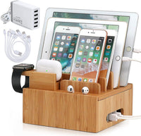 Bamboo Charging Station | 5-Port USB & Organizer | For Smartphone, Tablet & Smartwatch | Cable Set Included