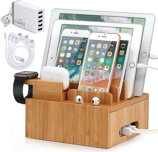 Bamboo Charging Station | 5-Port USB & Organizer | For Smartphone, Tablet & Smartwatch | Cable Set Included