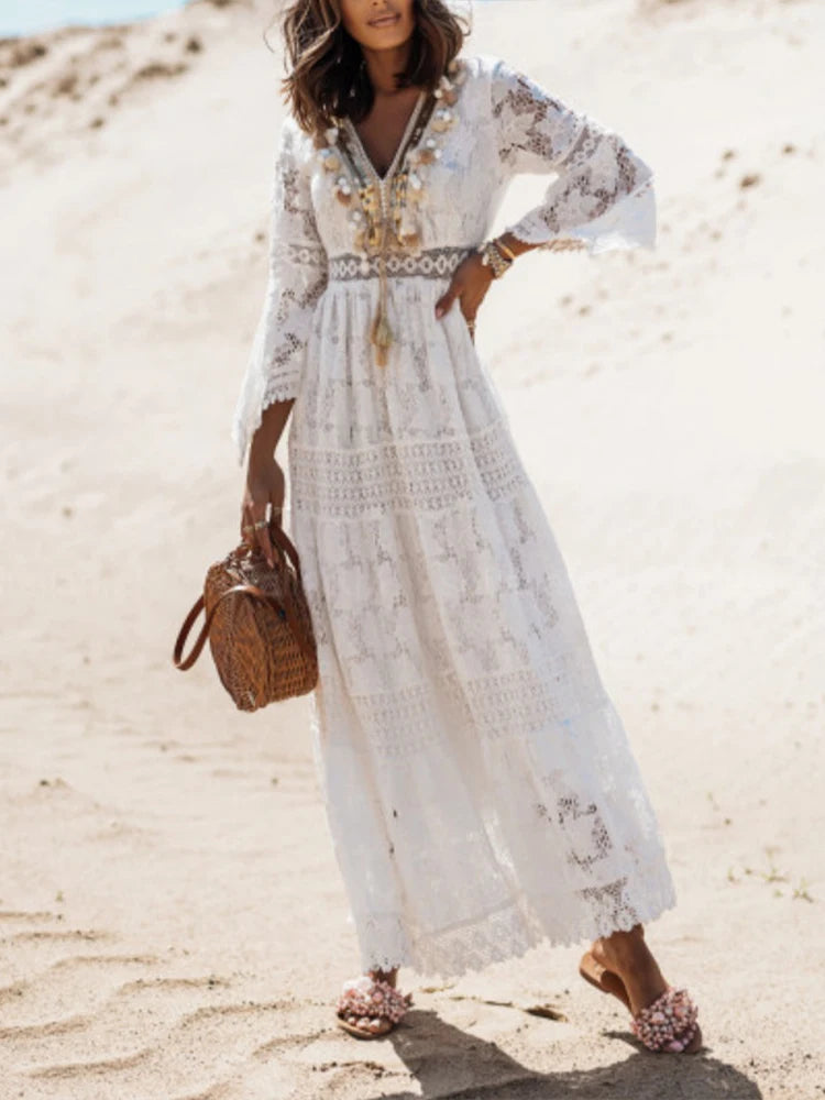 Boho Lace Long Sleeve A-Line Maxi Dress