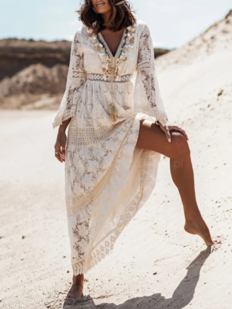 Boho Lace Long Sleeve A-Line Maxi Dress