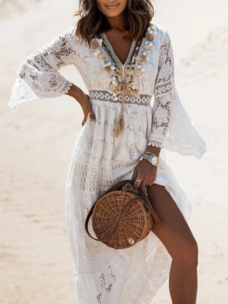 Boho Lace Long Sleeve A-Line Maxi Dress