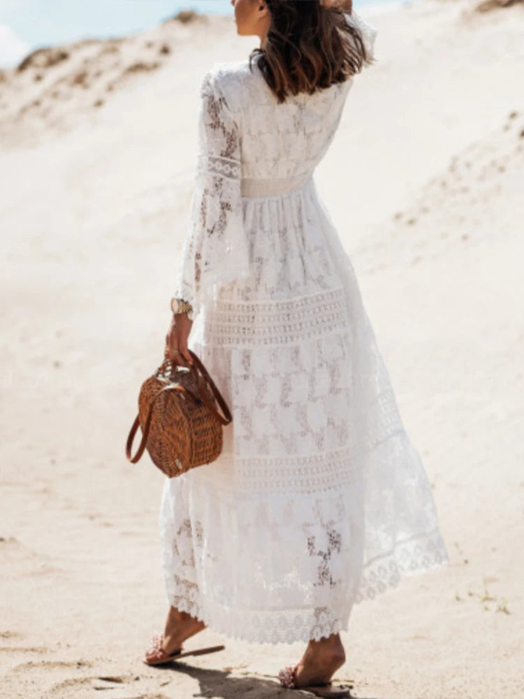 Boho Lace Long Sleeve A-Line Maxi Dress