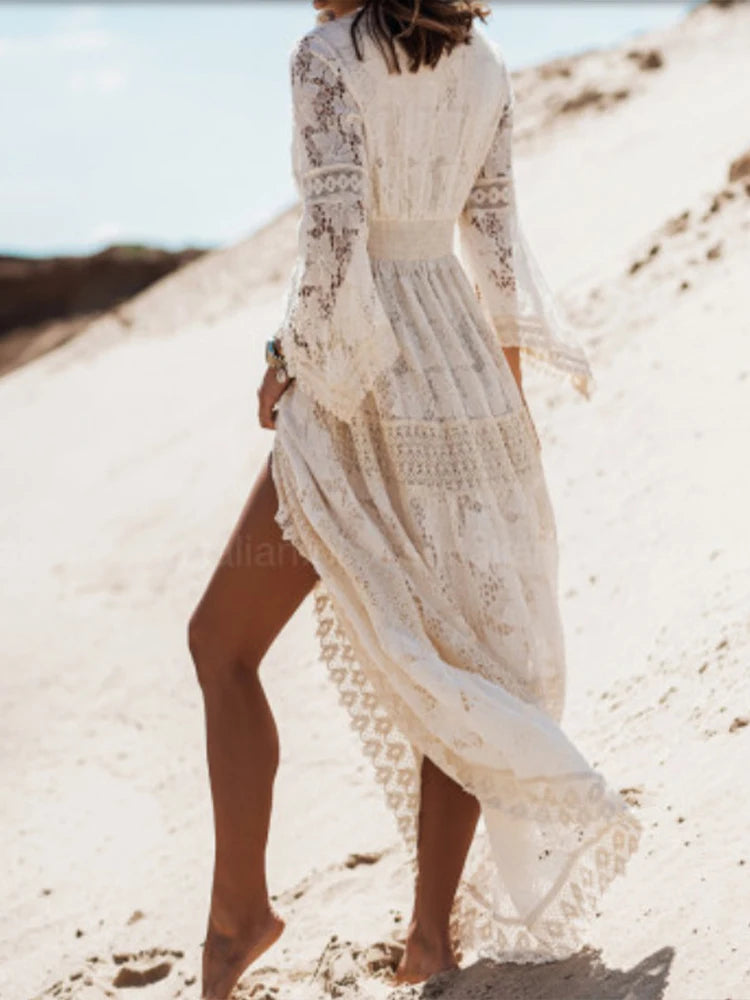 Boho Lace Long Sleeve A-Line Maxi Dress