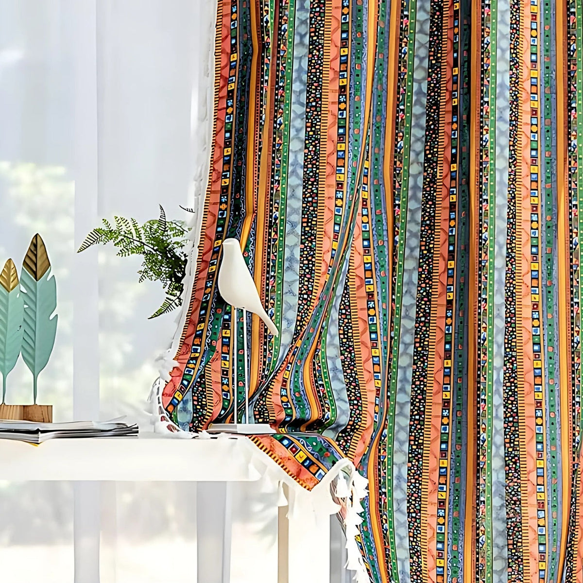 Boho Striped Tassel Window Curtain for Living Room