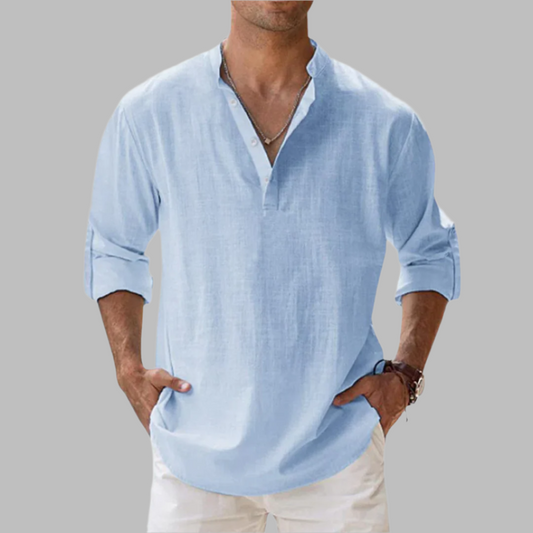 Breathable Linen Band Collar Shirt