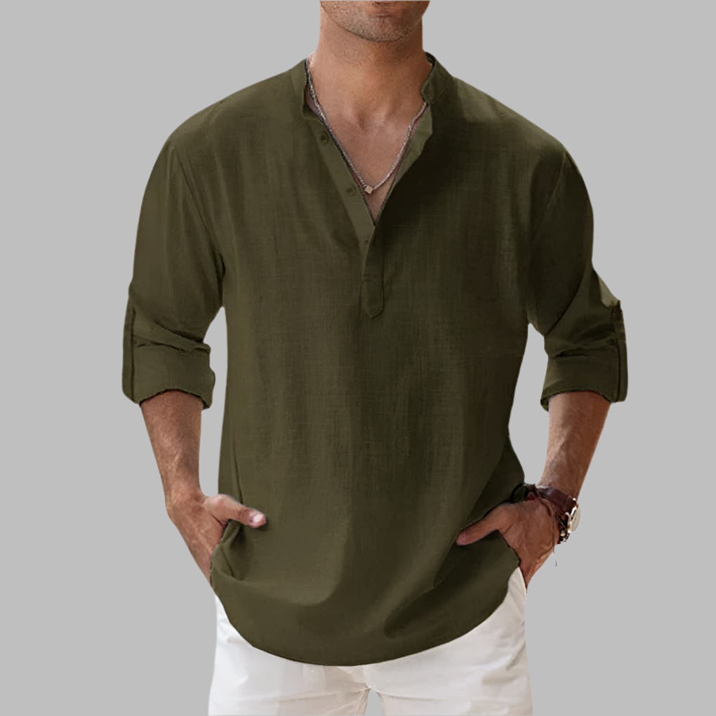 Breathable Linen Band Collar Shirt