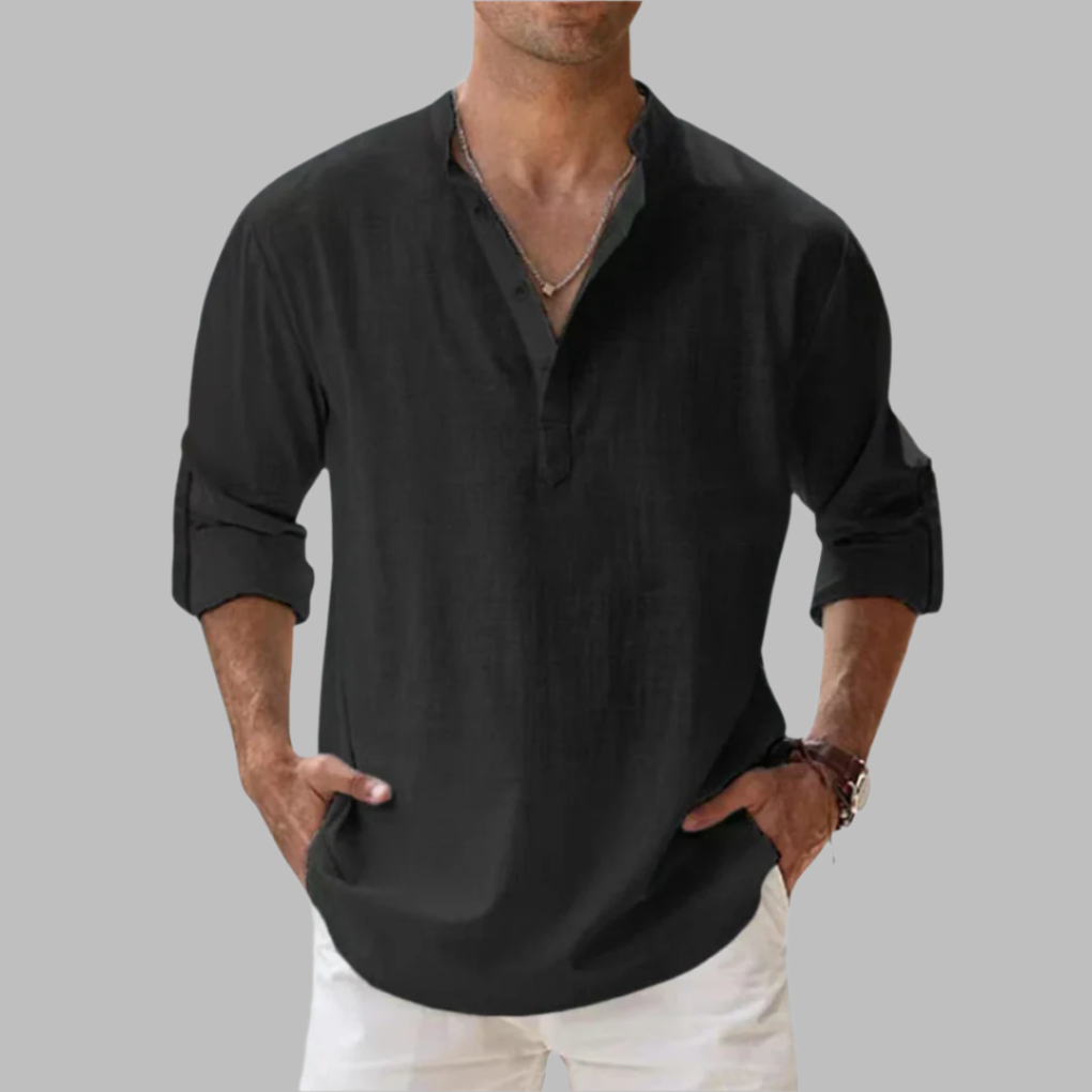 Breathable Linen Band Collar Shirt