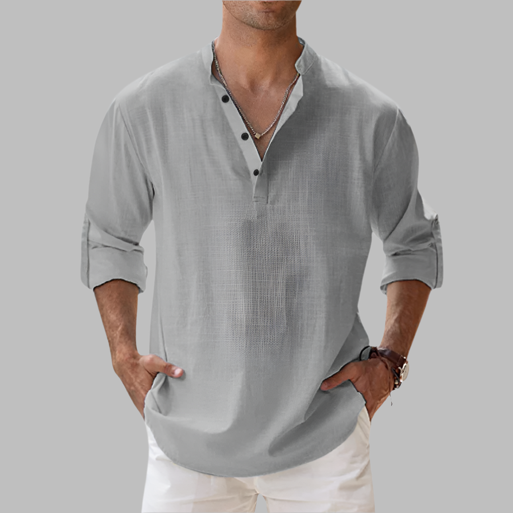 Breathable Linen Band Collar Shirt