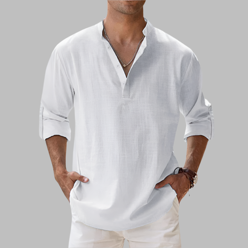Breathable Linen Band Collar Shirt