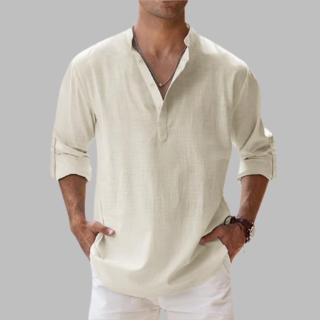 Breathable Linen Band Collar Shirt