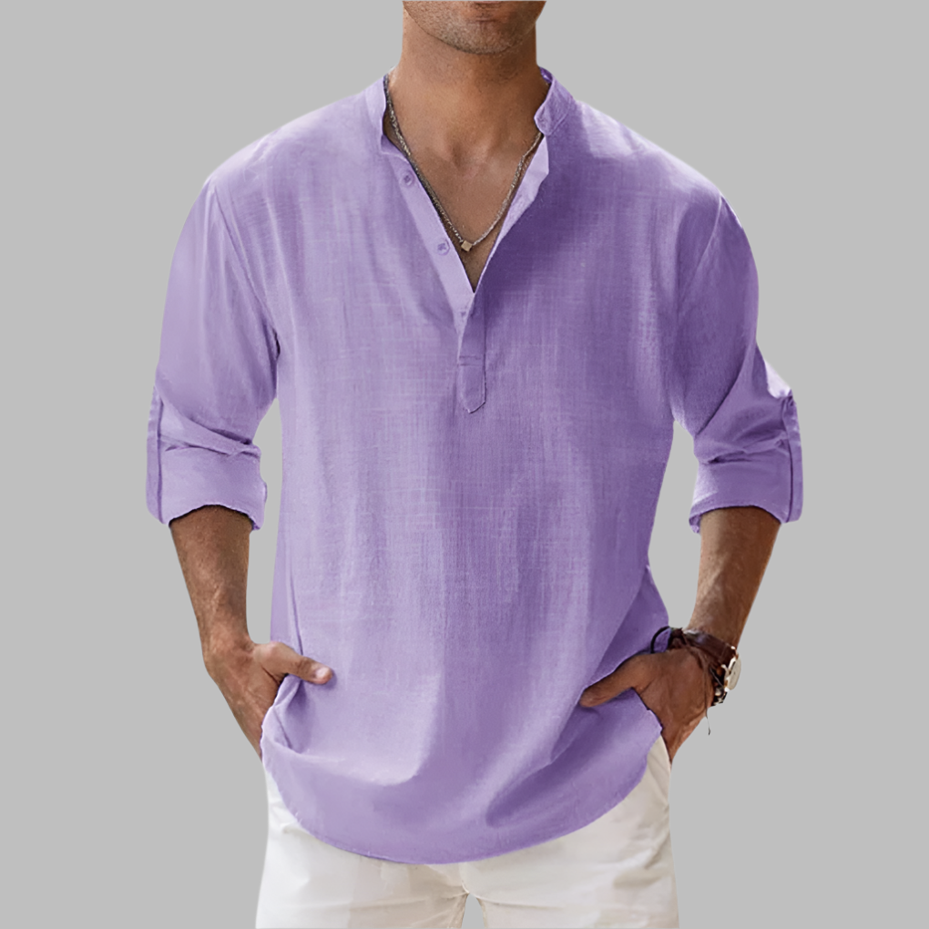 Breathable Linen Band Collar Shirt