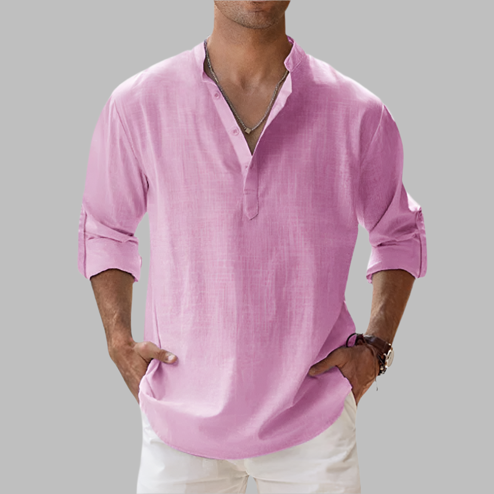 Breathable Linen Band Collar Shirt