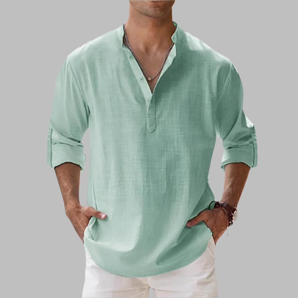 Breathable Linen Band Collar Shirt