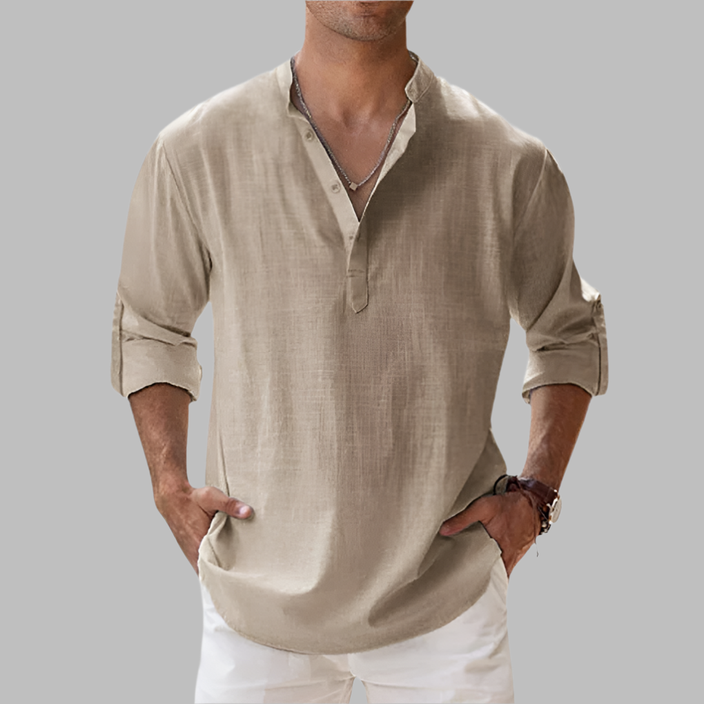 Breathable Linen Band Collar Shirt