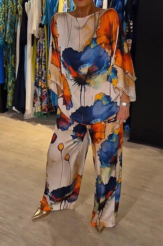 Casual Printed Satin Round Neck Suit