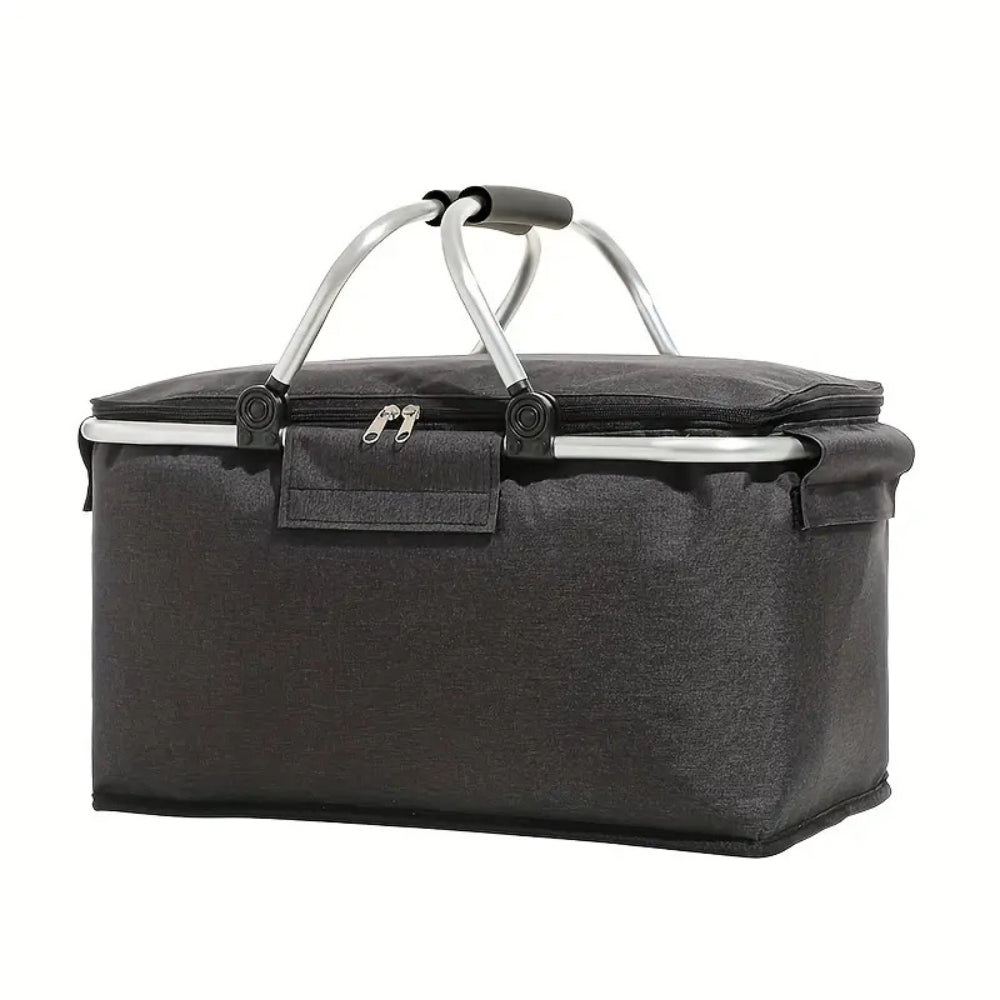 Collapsible 18L Picnic Basket - Waterproof Oxford Fabric - Aluminium Frame - Black, Grey & Blue