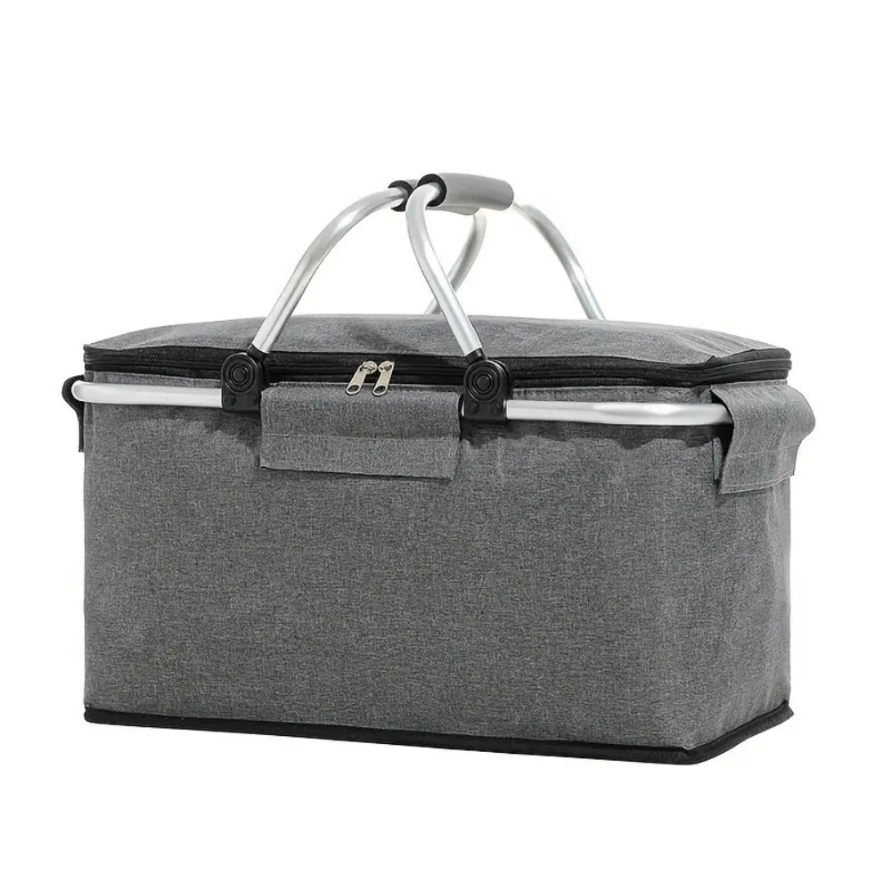 Collapsible 18L Picnic Basket - Waterproof Oxford Fabric - Aluminium Frame - Black, Grey & Blue