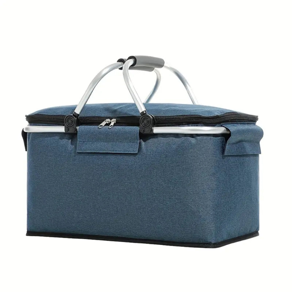 Collapsible 18L Picnic Basket - Waterproof Oxford Fabric - Aluminium Frame - Black, Grey & Blue
