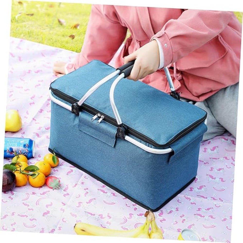 Collapsible 18L Picnic Basket - Waterproof Oxford Fabric - Aluminium Frame - Black, Grey & Blue