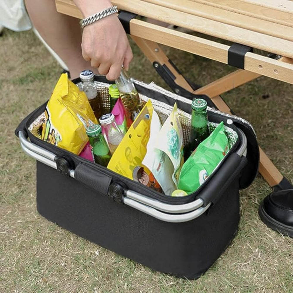 Collapsible 18L Picnic Basket - Waterproof Oxford Fabric - Aluminium Frame - Black, Grey & Blue
