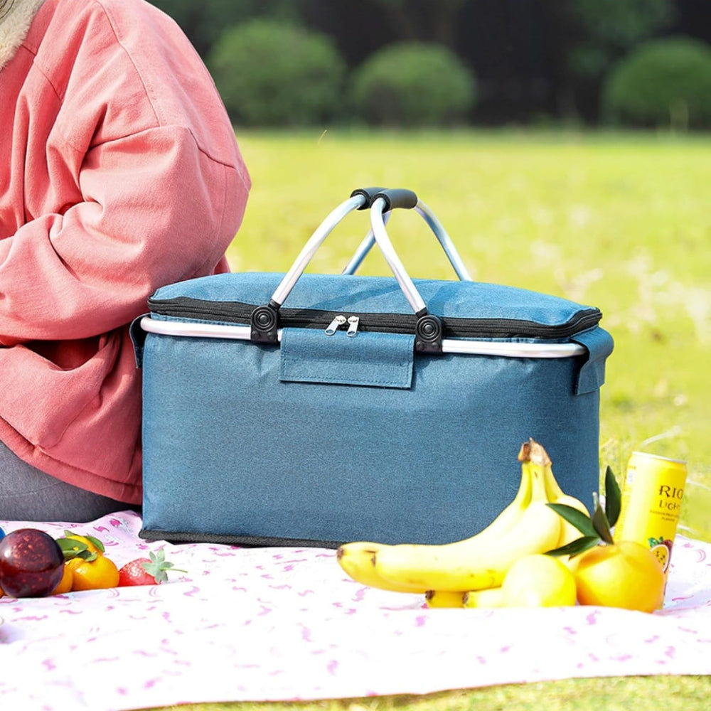 Collapsible 18L Picnic Basket - Waterproof Oxford Fabric - Aluminium Frame - Black, Grey & Blue