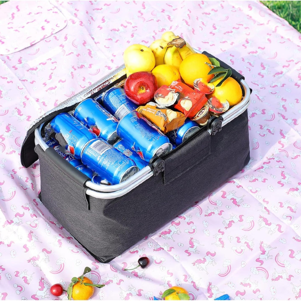Collapsible 18L Picnic Basket - Waterproof Oxford Fabric - Aluminium Frame - Black, Grey & Blue