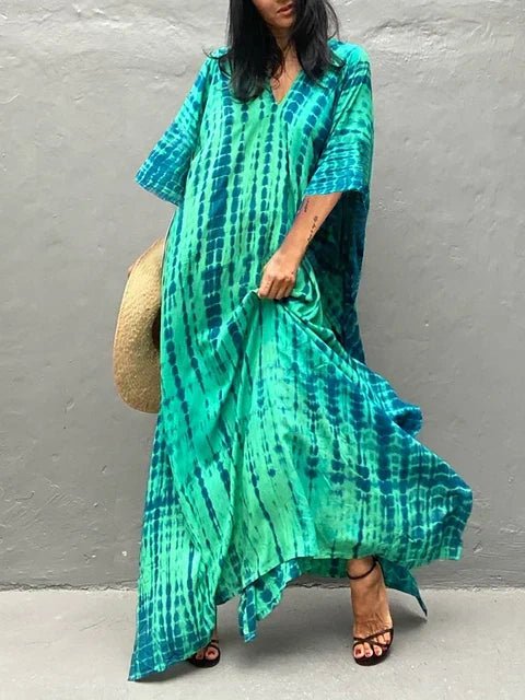 Effortless Women's Boho Green Maxi Dress in Casual Kaftan Style