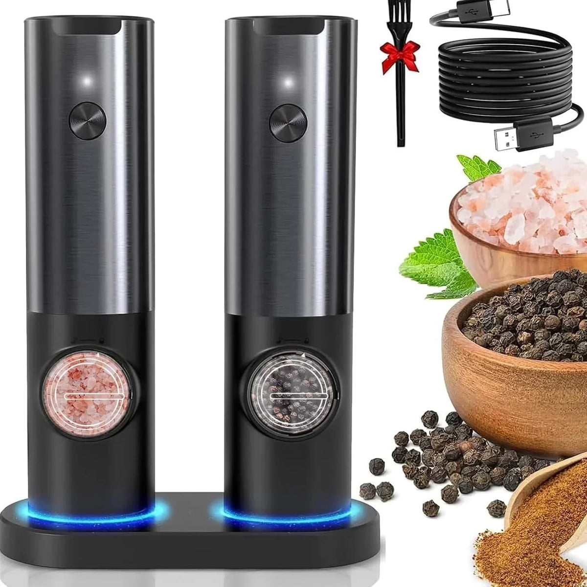 Electric Salt and Pepper Mill | Stainless Steel | USB Rechargeable Battery