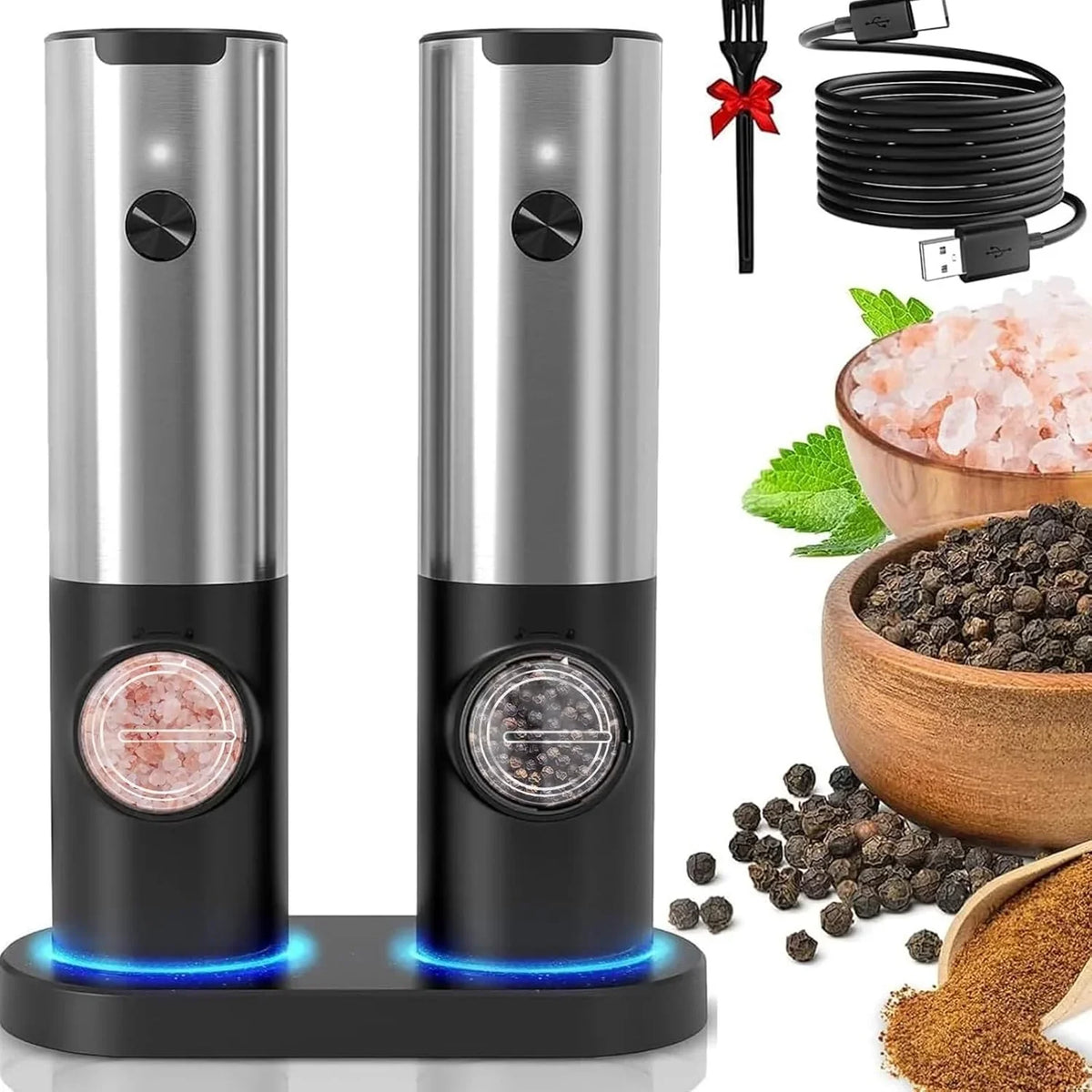 Electric Salt and Pepper Mill | Stainless Steel | USB Rechargeable Battery