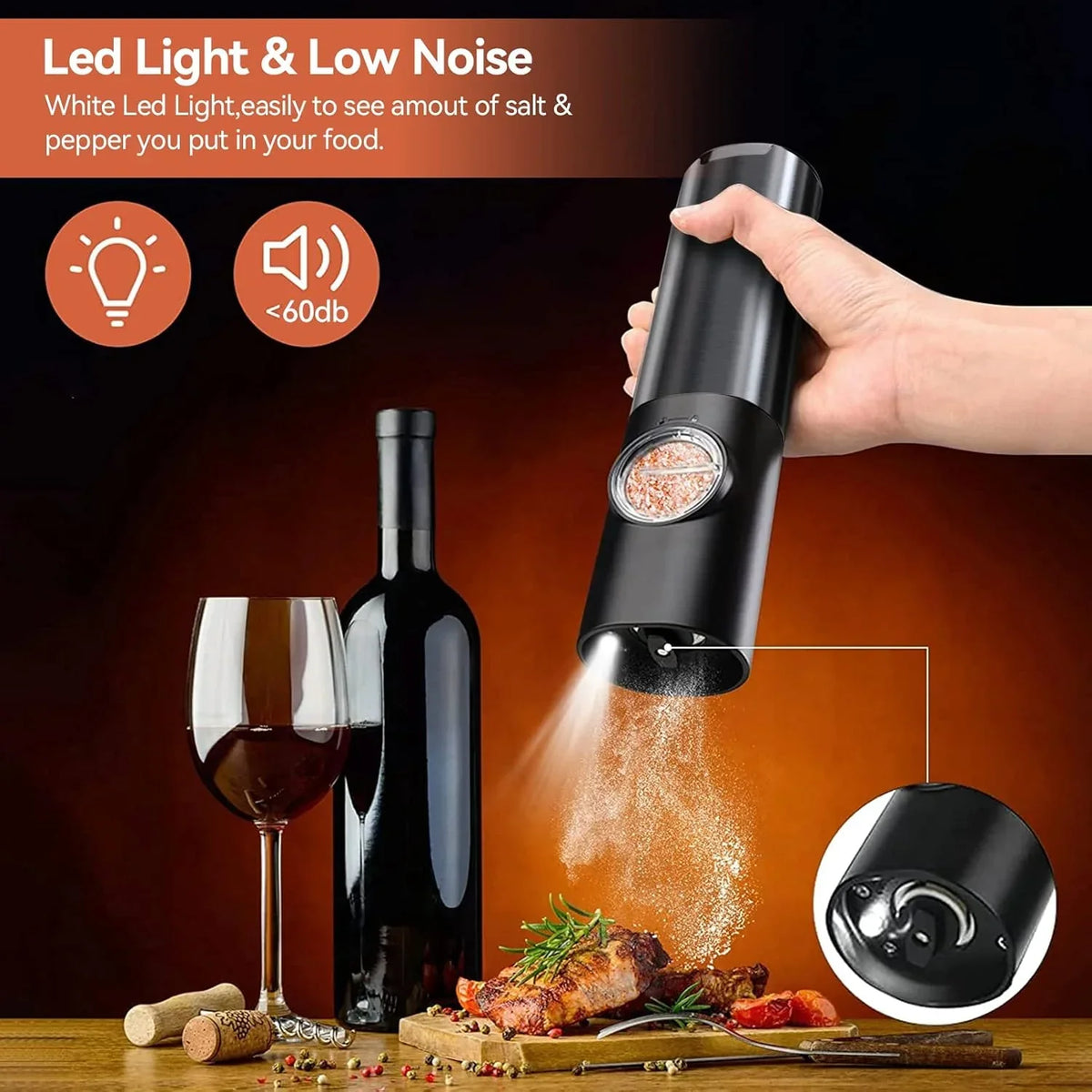Electric Salt and Pepper Mill | Stainless Steel | USB Rechargeable Battery