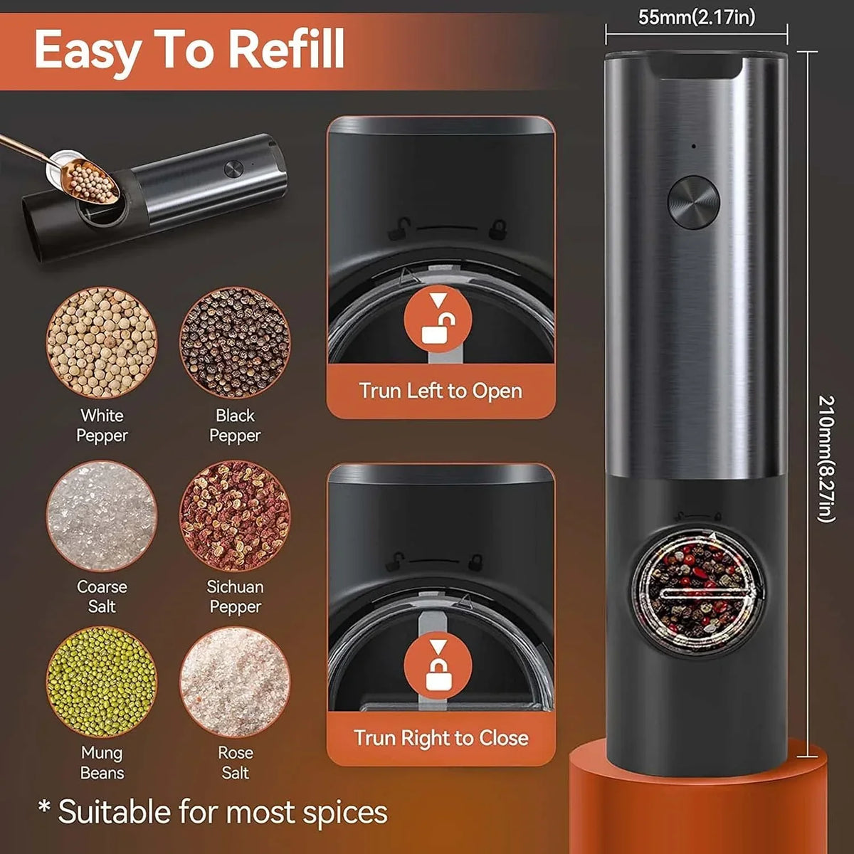 Electric Salt and Pepper Mill | Stainless Steel | USB Rechargeable Battery